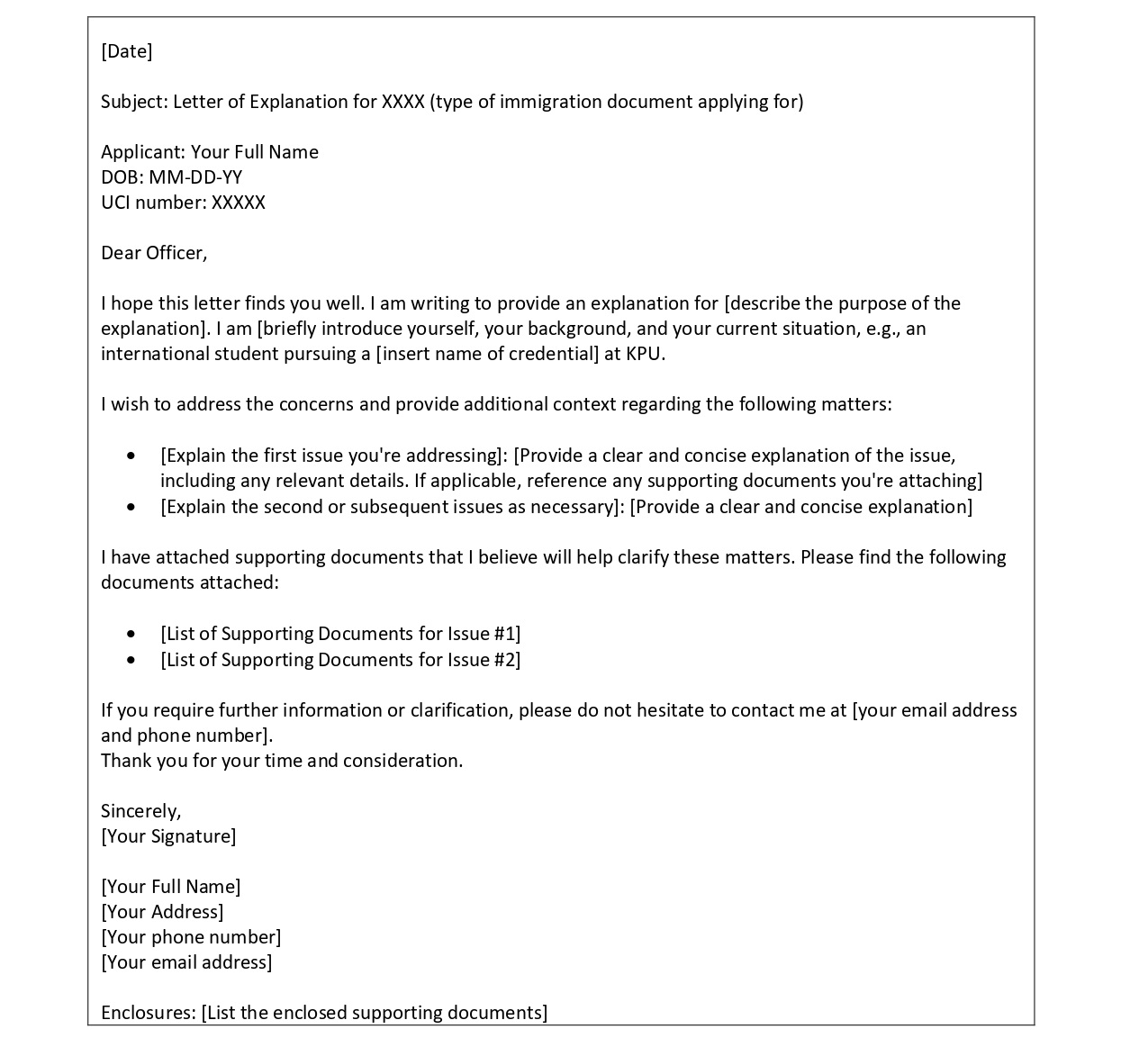 Sample of letter of explanation for Canada study permit